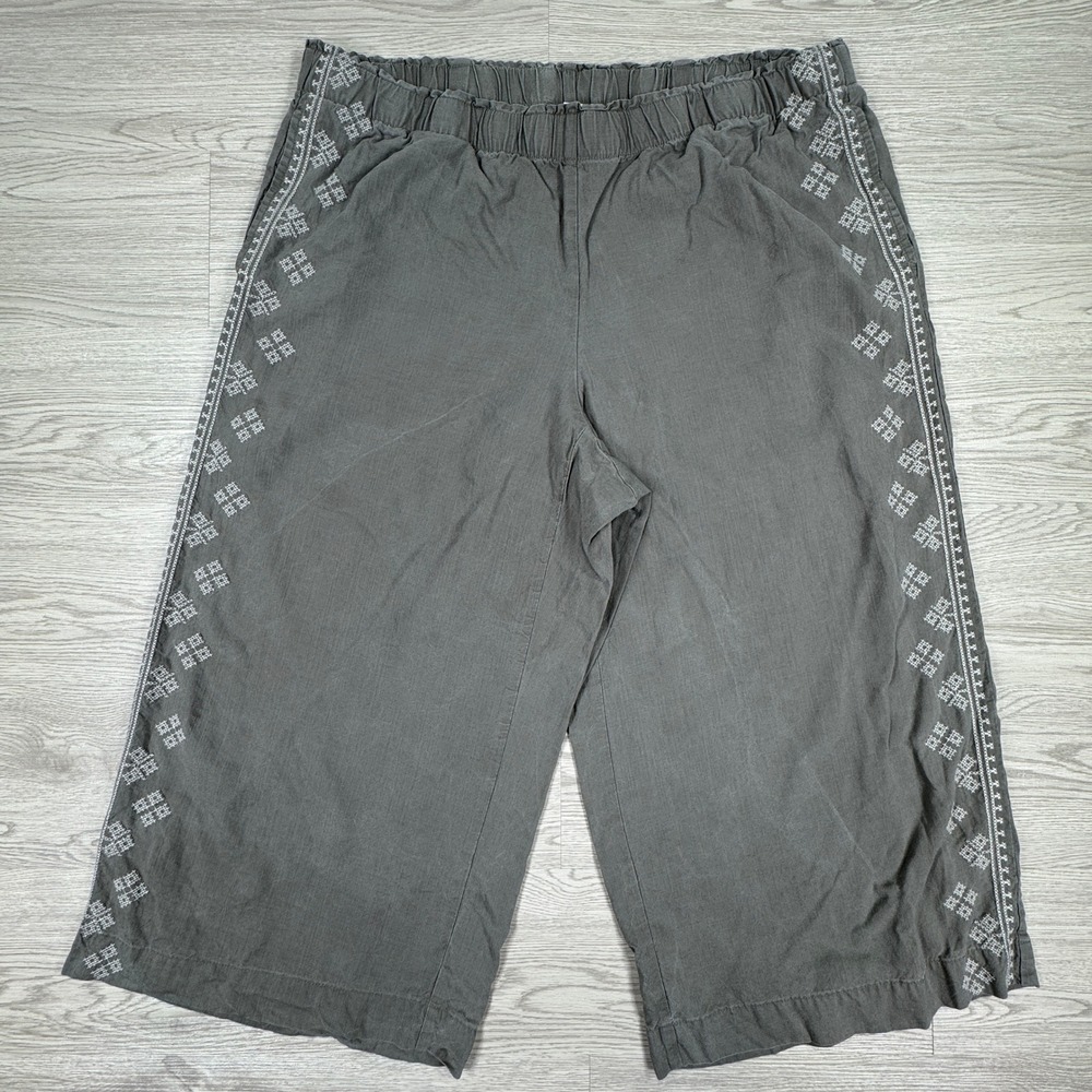Pure Jill Women's Pants Embroidered Wide Leg‎ Crop Grey XL Petite Tencel Relaxed